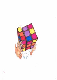 a drawing of a person holding a rubik's cube